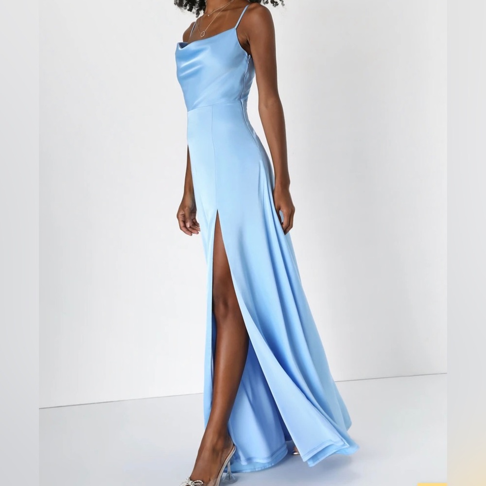 Lulus Formal Invitation Light Blue Satin Cowl Neck Maxi Dress in Size XS